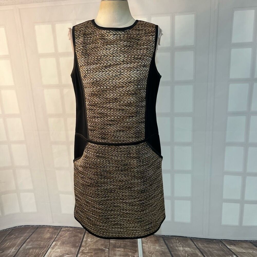 Maggy London Black Gold Tweed Detailing Sleeveless Sheath Dress Size 10